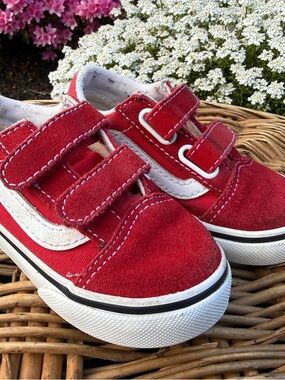 Vans Kids Red Canvas & Suede Velcro Sneakers with White Stripe